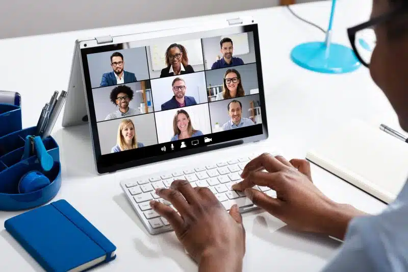 Woman,Working,From,Home,Having,Group,Videoconference,On,Laptop